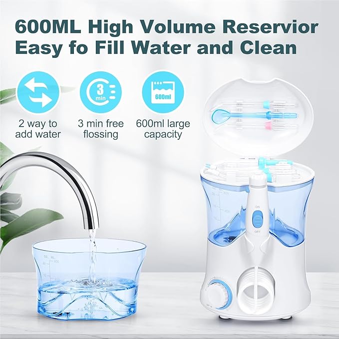 Water Flosser, Power Dental Water Flossers for Teeth & Braces Cleaning, Oral Irrigator Electric flosser for Adults & Kids with 10 Pressures & 8 Tips, 600ml Water Flosser for Family