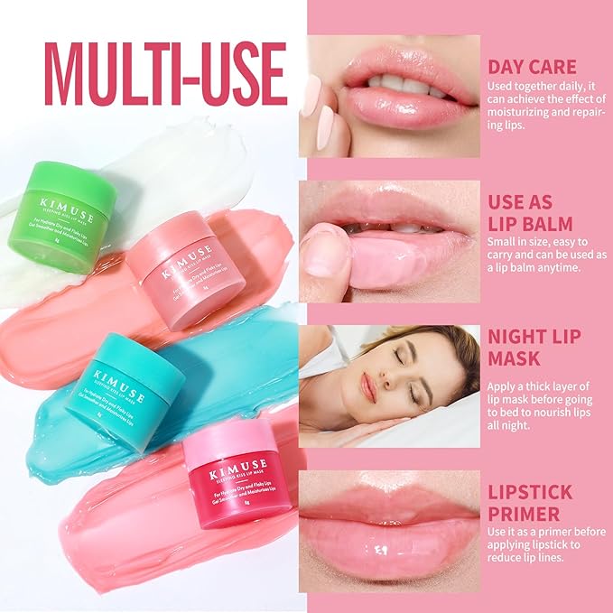 KIMUSE Lip Mask Set, 4PCS Lip Sleeping Mask Overnight Treatment Lip Care Products, Moisturize & Nourish, Cracked Dry Lips, Intense Hydration with Shea Butter (SET)