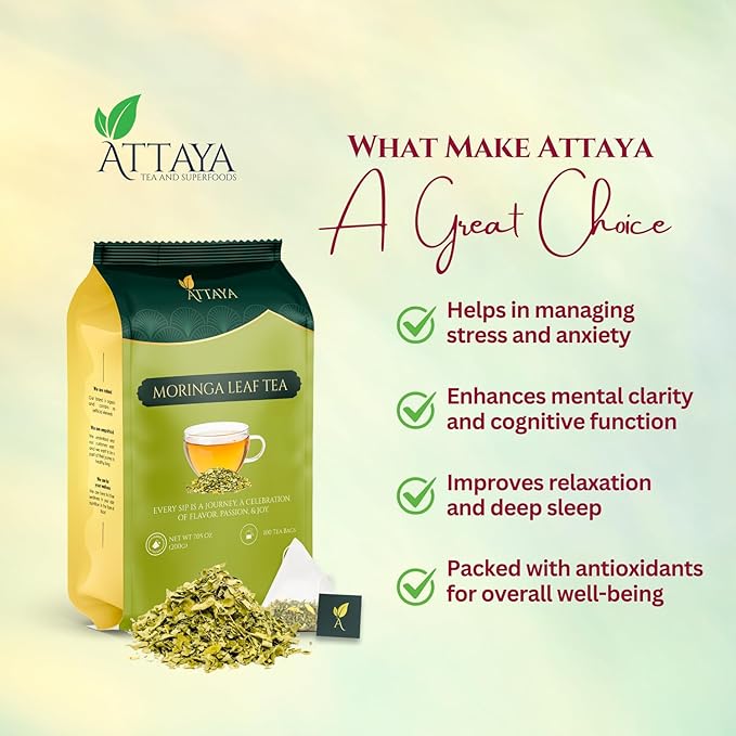 Attaya Moringa Tea Bags 100 Count – Pure Leaf Tea | Caffeine-Free Superfood Herbal Tea | Vegan, Gluten-Free, Sugar-Free | Eco-Conscious, Te de Moringa 100% Natural