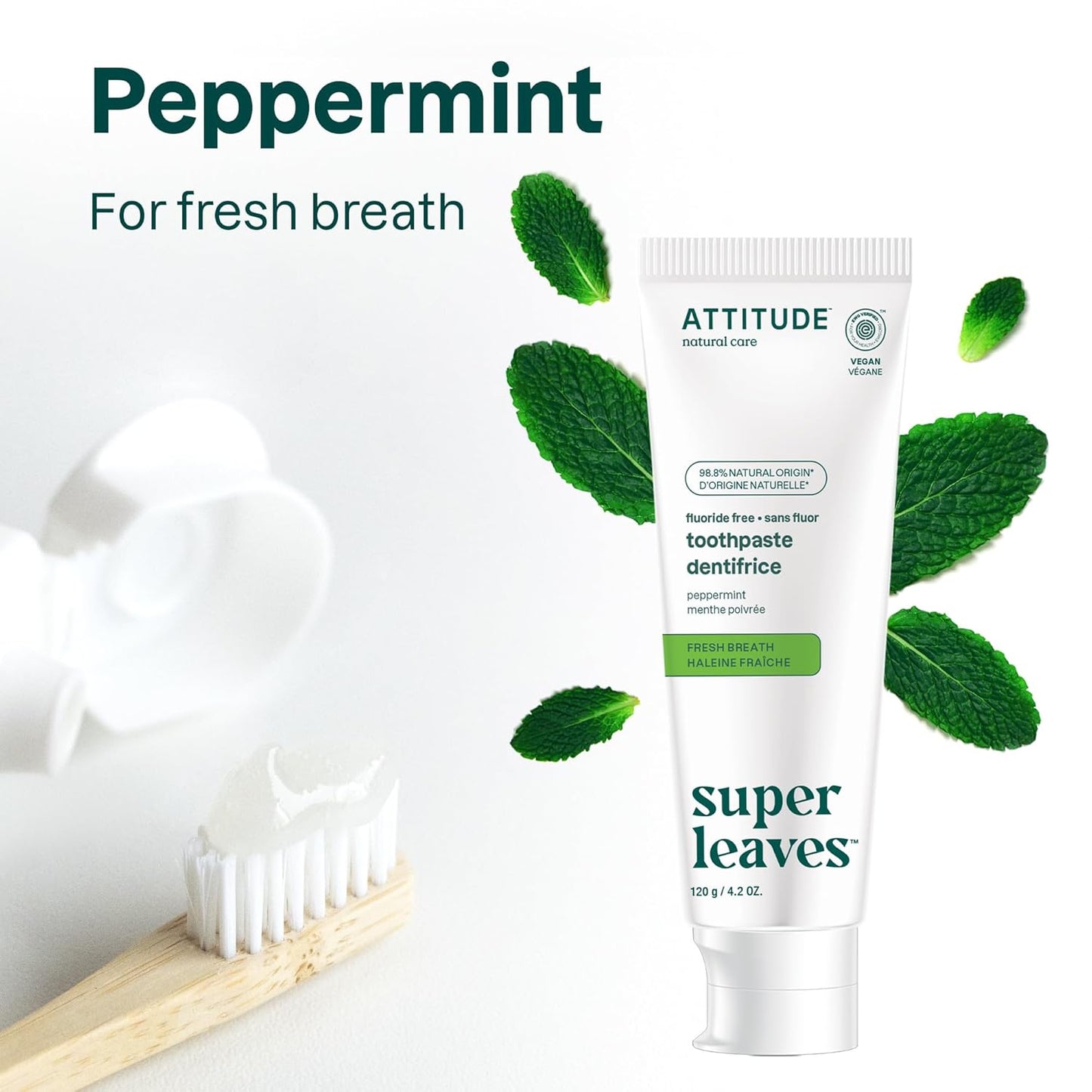 ATTITUDE Fluoride-Free Fresh Breath Toothpaste, Peppermint Flavor, Vegan & Cruelty-Free, Sugar-Free, Plant & Mineral-Based Ingredients, Clean Oral Care, 4.2 Oz