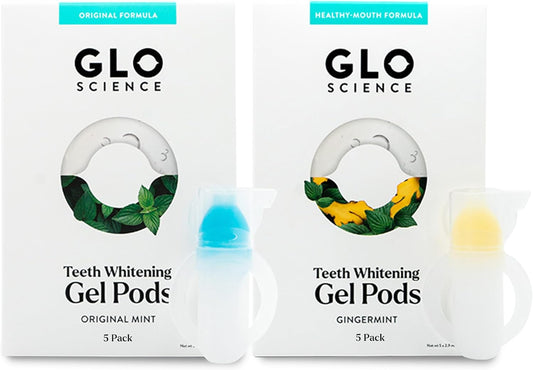 GLO Science Teeth Whitening Gel Pods – Safe, Effective Tooth Whitener with Silicon Brush, 6% Hydrogen Peroxide – Fastest Way to Whiter Teeth, Sensitivity Free – 5-Pack of Mint + 5-Pack of Gingermint