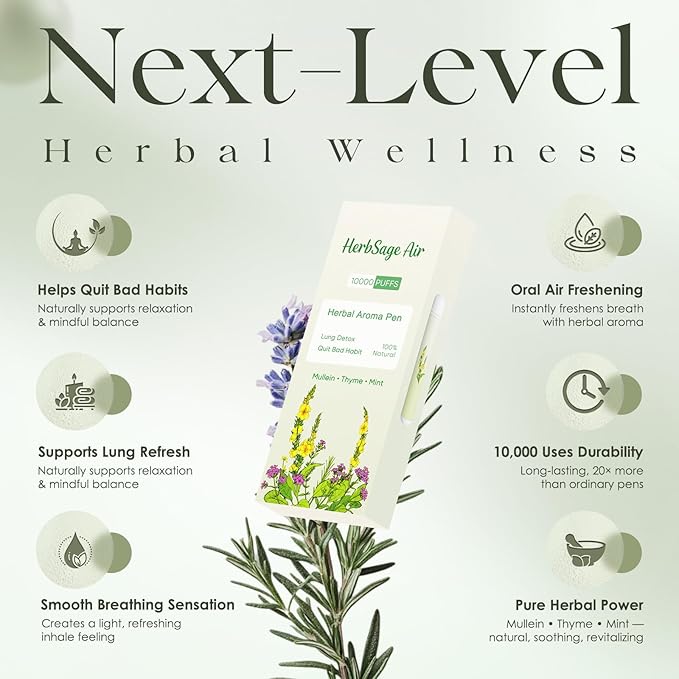 Next-Gen Mullein Herbal Diffuser Pen - REVOLUTIONARY Up to 10,000 Uses | All-Natural with Mullein, Thyme & Mint for Lung Cleansing, Freshens Breath & Quitting Bad Habit