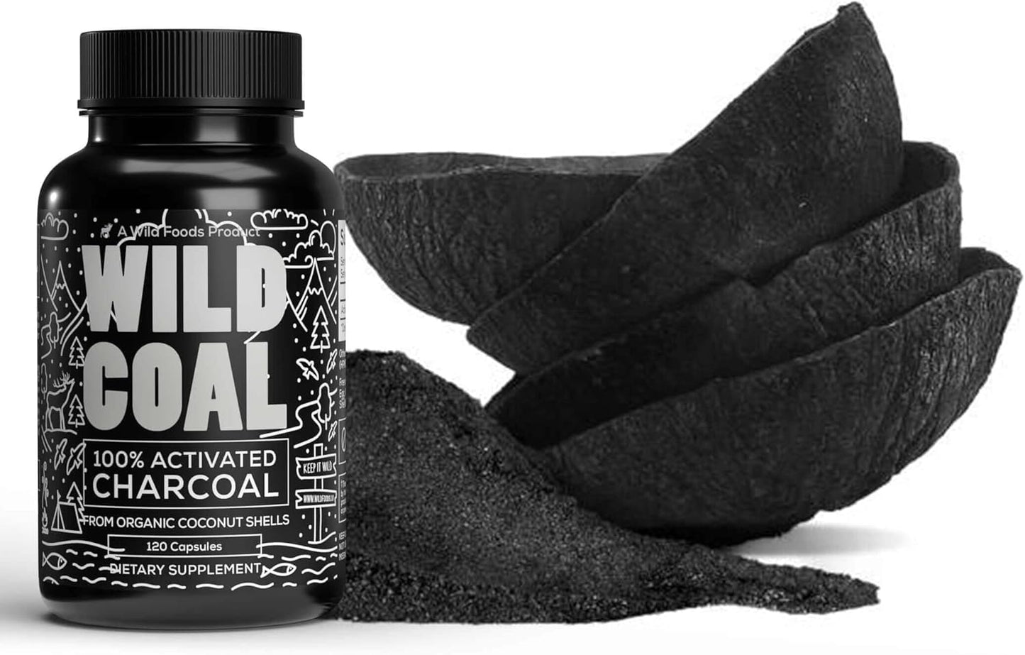 Wild Foods Activated Charcoal Capsules | 100% Organic Coconut Shells Active Tablets | Lab Tested & Non-GMO Detox Pills | USA (Three Bottles - 120 Capsules)