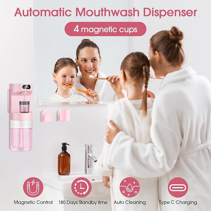 Automatic Mouthwash Dispenser for Bathroom,20.29 oz Touchless Electric Mouth Wash Dispensers Bathroom Accessories Set with 4 Magnetic Cups,4 Modes Wall Mounted Mouth Wash Dispenser for Home & Kids