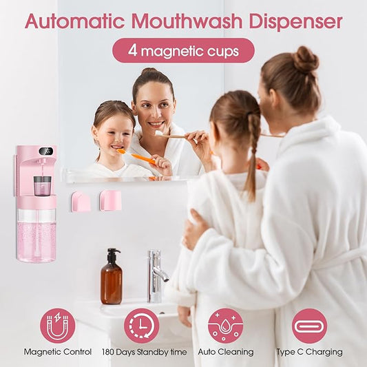 Automatic Mouthwash Dispenser for Bathroom,20.29 oz Touchless Electric Mouth Wash Dispensers Bathroom Accessories Set with 4 Magnetic Cups,4 Modes Wall Mounted Mouth Wash Dispenser for Home & Kids