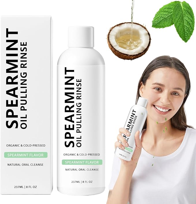 Spearmint Oil Pulling Mouthwash Rinse(237 ml), Cold-Pressed Coconut Mouthwash, Fresh Breath & Oral Care, Cleans Deeply Gentle Yet Effective (1)