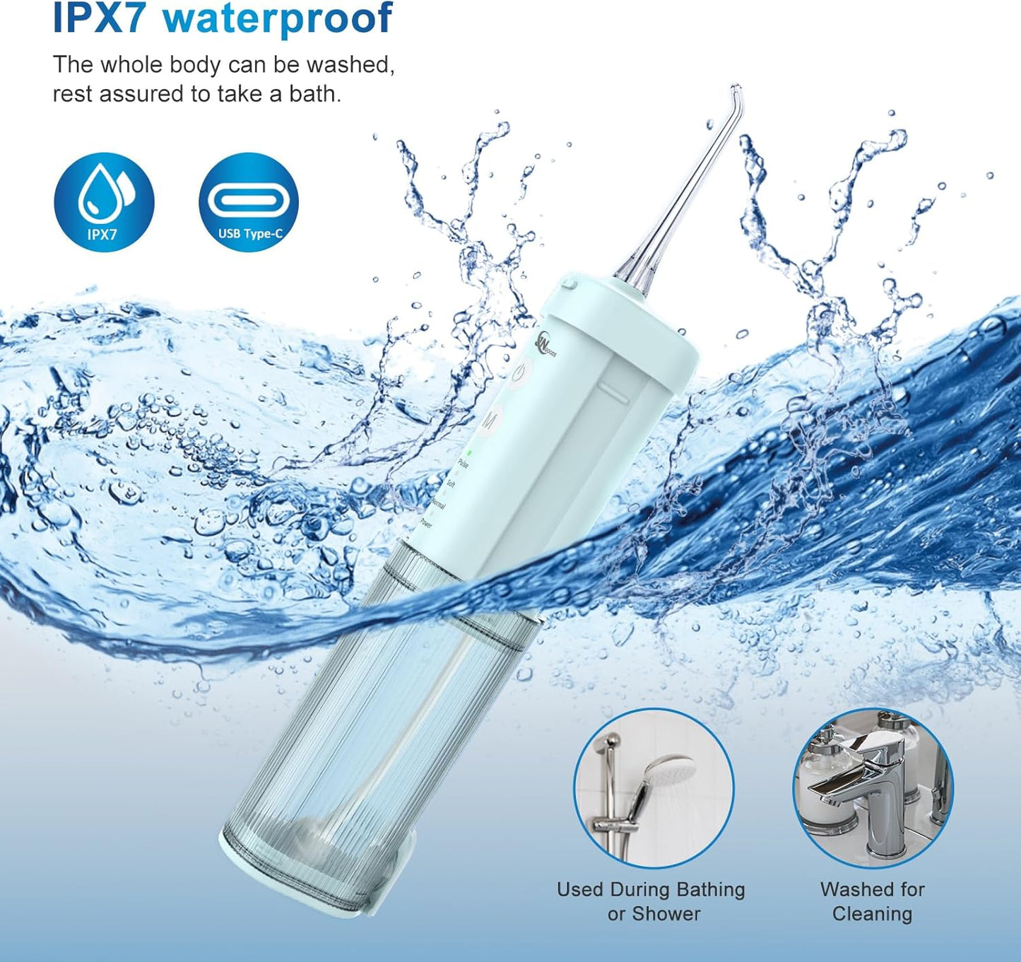 Mini Portable Water Flosser Oral Irrigator Water Teeth Cleaner Pick, Telescopic Water Tank, 4 Modes & IPX7 Waterproof, Home & Travel Water Flossers for Teeth, Braces Bridges Care. (Pearl Blue)