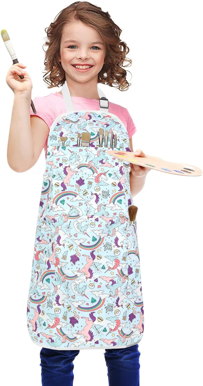 FreeNFond Kids Apron Adjustable Child Apron with 4 Pockets for Baking Painting