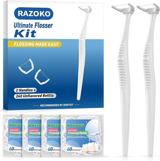 RAZOKO Ultimate Flosser Kit with 2 Handles and 240 Extra Strength Refills