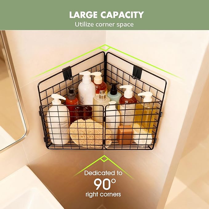 Large Corner Bath Toy Storage, Metal Bathtub Shower Toy Holder, Foldable bath Tub Toy Organizers Black, Bathroom Toy Storage with Drainage for Sorting Toys/Clothes/Toiletries