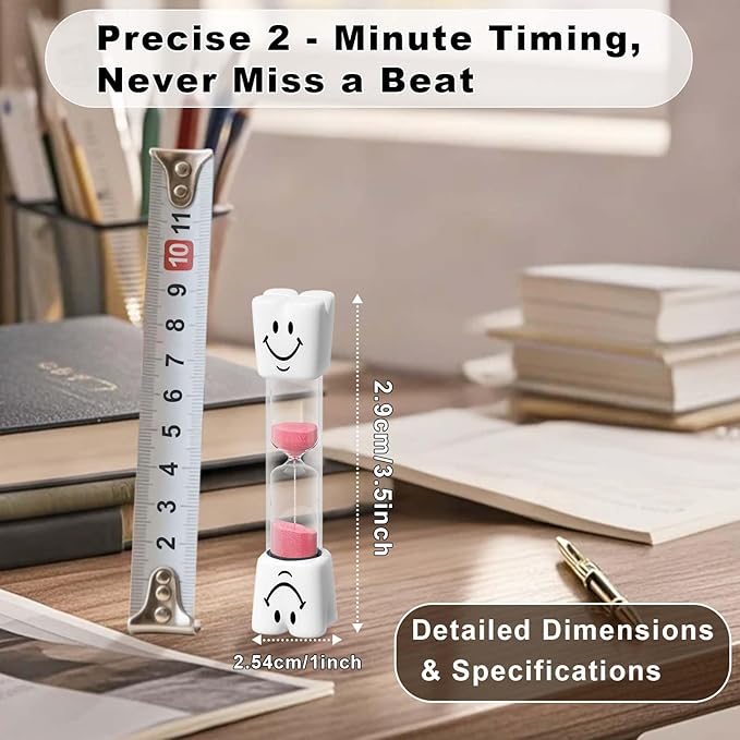 2 Minute Toothbrush Sand Timer for Kids, Small Pink Smiley Acrylic Hourglass Sand Clock Set 2min, Plastic Glass Mini Sandglass for Classroom Games Kitchen (Pack of 2)