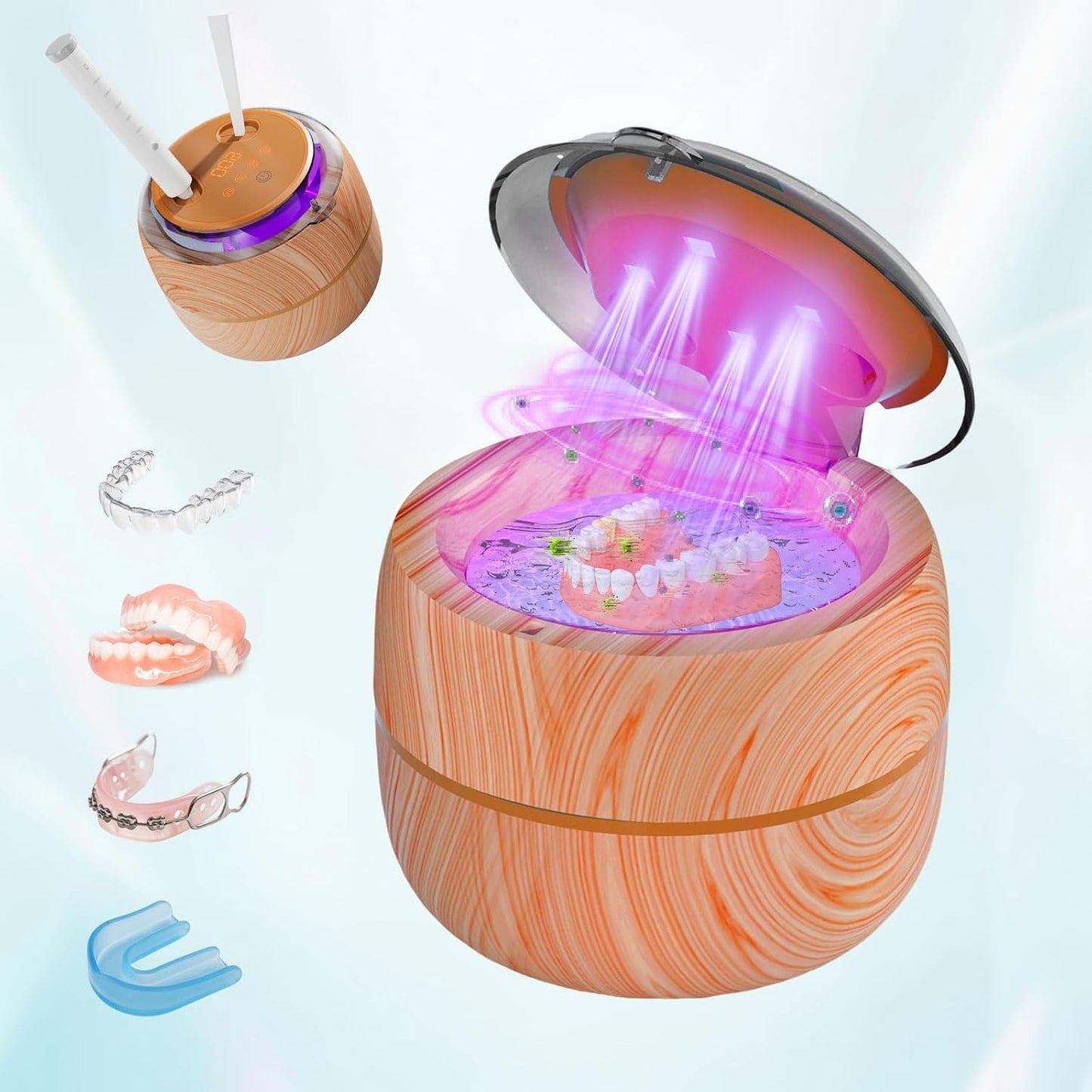 Voraiya Ultrasonic Retainer Cleaner Machine, 360° UV Cleaning Denture Pod, 45kHz Ultrasonic Dental Cleaner Mouth Guard Cleaner for Aligner, Night Guard, Braces, Toothbrush, Jewelry, Ring