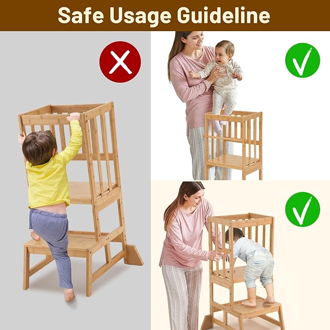 COSYLAND Height Adjustable Toddler Standing Tower - Toddler Kitchen Stool Helper Natural