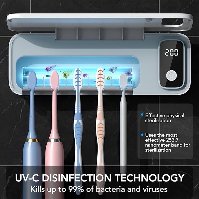 StarWin Toothbrush Cleaner, 5 Slots Wall Mounted Toothbrush Holder for Bathroom, Timer Function, Cordless & No Drilling
