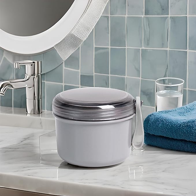 Denture Case with Denture Brush, No Leak Denture Bath Box, Denture Travel Case, Denture Cup with Basket for Soaking Dentures (grey)