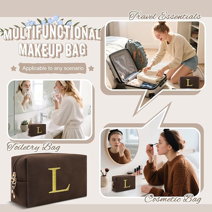 Personalized Initial Makeup Bag,Preppy Suede Cosmetic Bag for Teen Girls,Small Monogram Travel Toiletry Bag With Gold Embroidered Letter,Trendy Stuff Custom Christmas Gift for Women(Coffee-L)
