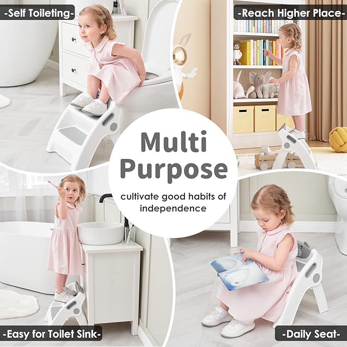 Toddler Step Stool Foldable 2 Step Stool for Kids Collapsible Stool Anti-Slip Stepping Stool for Bathroom Sink Potty Toilet Toddler Kitchen Helper (Grey)