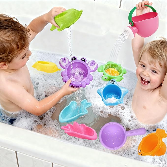 10 Pcs Bath Toys for Kids Ages 1-3, Bathtub & Pool Water Toys for Toddlers 1-3 & Babies 12-18 Months, Water Table Accessories with Floating Boats, Stacking Cups & Pouring Fun for Boys Girls