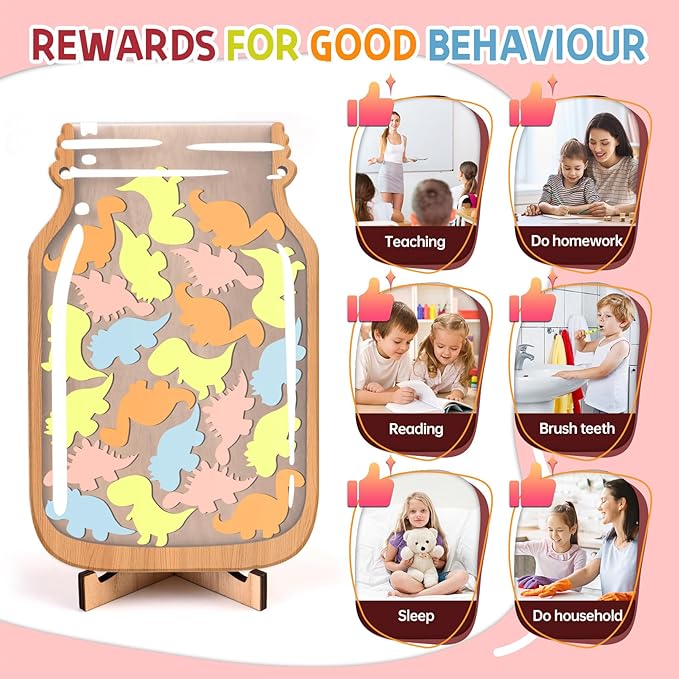 Little Dinosaur Reward Jars for Kids-Magnetic Reward System with Colorful Letter Stickers,Behavior Classroom Incentive Jar for Teachers Parents (Mason Jar with Stars, Kids Motivational Tool)