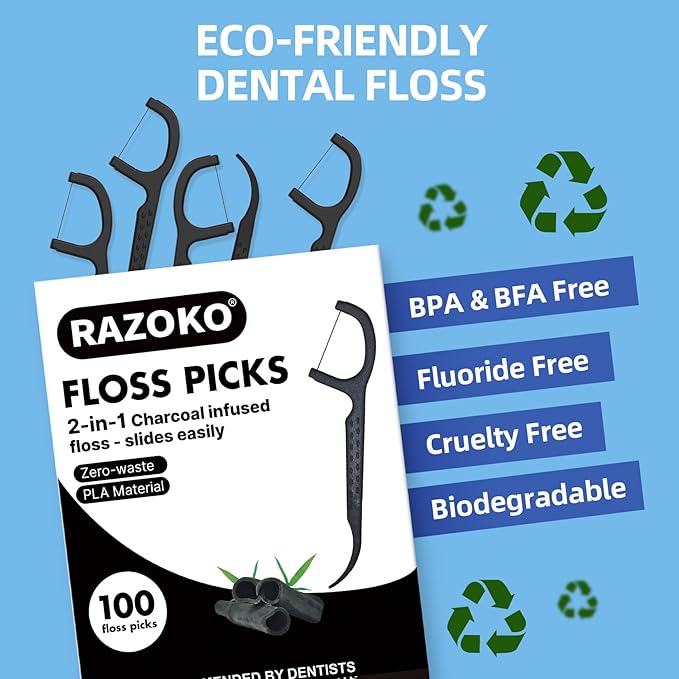 RAZOKO Natural Dental Floss Picks High Toughness Charcoal Toothpicks Sticks-Vegan,Eco-Friendly Sustainable Flossers for Teeth Cleaning 100 Count