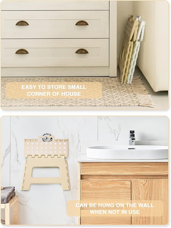 Dyforce Folding Step Stool 9 Inch, Kids Step Stool, Heavy Duty Step Stools for Adults, Compact Foot Stools, Light-Weight Toddler Step Stools for Kitchen, Bathroom, Holds Up to 300 lbs (Khaki)