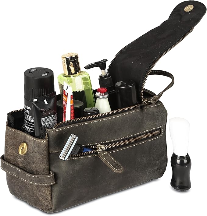 KomalC Premium Buffalo Leather Toiletry Bag for Men & Women – Leather Dopp Kit With Water resistant Lining, Premium Toiletry Travel Pouch, Unisex Wash Bag for Toiletries, Gifts for Men and Women