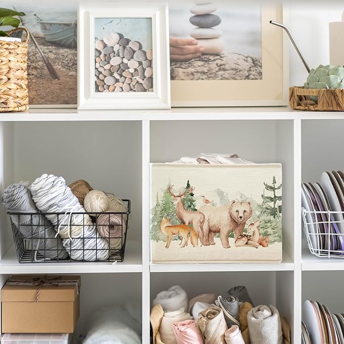 Rectangular Kids Storage Basket with Handles,Toy Baskets Storage Kids,Cute Animal Woodland Foldable Nursery Decorative Baskets for Kids Girls Room Dorm Bedroom Bathroom Clothes Toys Books