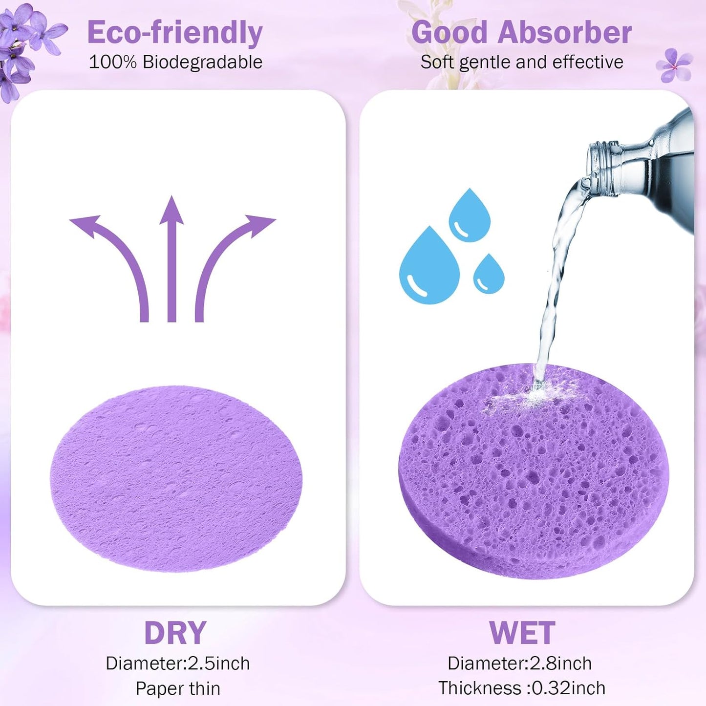 Amyhill 300 Count Compressed Facial Sponges Natural Face Sponges for Cleansing Disposable Facial Exfoliating Pads for Estheticians(Purple)