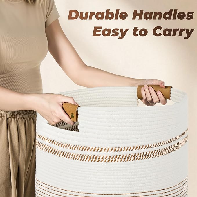 Laundry Basket with Handles - Blanket Basket & Hampers for Bedroom Aesthetic, Laundry Hamper & Blanket Storage for Living Room, Clothes Hamper, Tall, Large 17" x 14" x 22”, Brown & White