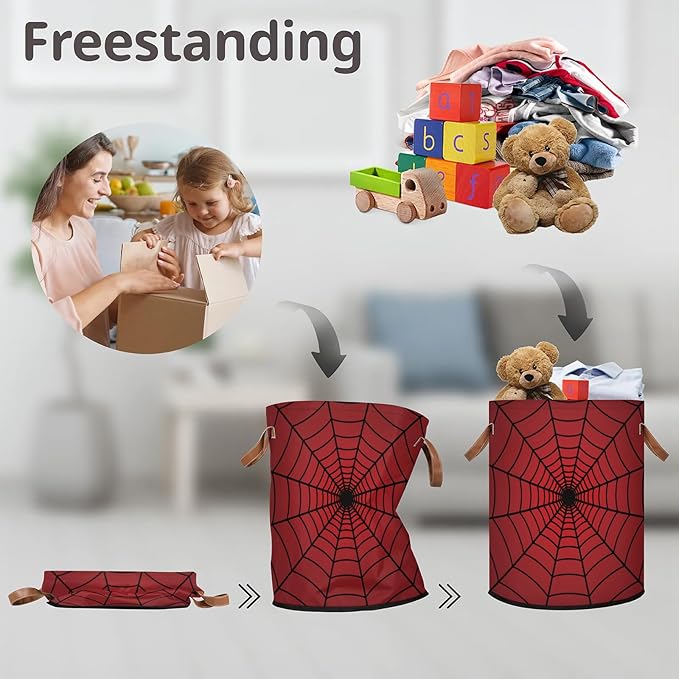 62L Laundry Basket Collapsible Laundry Hamper with Handles Spiders Web Clothes Books Toys Kids Laundry Hampers Bin for Bathroom Kitchen Hotel