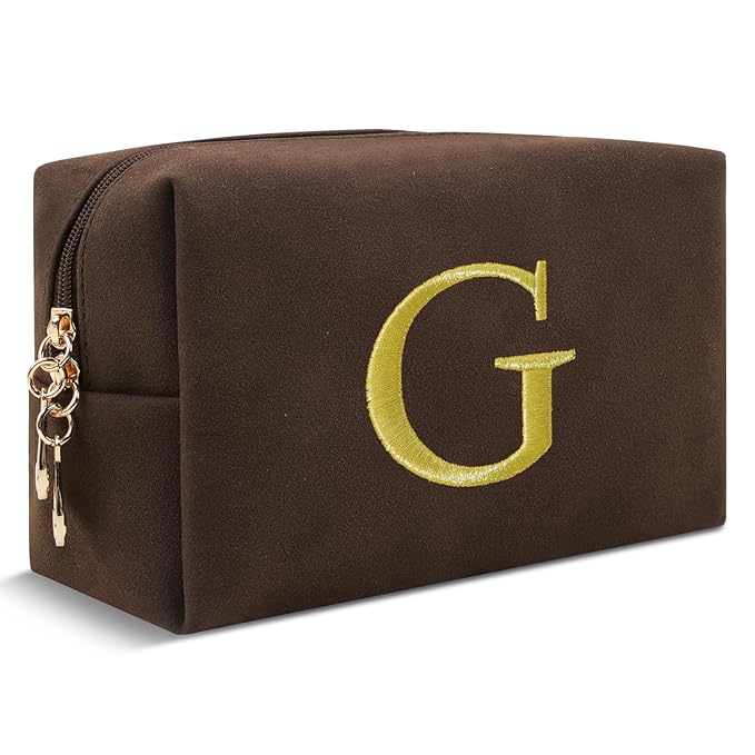 Personalized Initial Makeup Bag,Preppy Suede Cosmetic Bag for Teen Girls,Small Monogram Travel Toiletry Bag With Gold Embroidered Letter,Trendy Stuff Custom Christmas Gift for Women(Coffee-G)