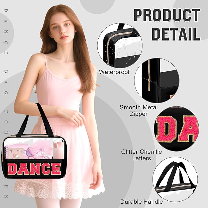 Dance Bag for Girls Chenille Letter Clear Makeup DANCE Stuff Bag,Toddler Dance Recital Gifts Ballet Cosmetic Zipper with Handle,Dance Competition Must Haves Accessories Toiletry Storage(DANCE-Black)