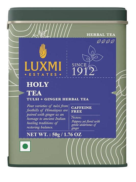 Luxmi Estates - Holy Basil - Organic Tulsi Tea - Loose Leaf - 50g (25 Cups) | With Tulsi and Ginger | Provides Immune Support, Stress Relief and Uplifts Mood