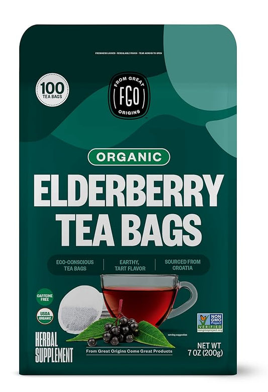 FGO Organic Elderberry Tea, 100 Count, Eco-Conscious Herbal Tea Bags, Resealabel Bag, Caffeine Free, Packaging May Vary (Pack of 1)