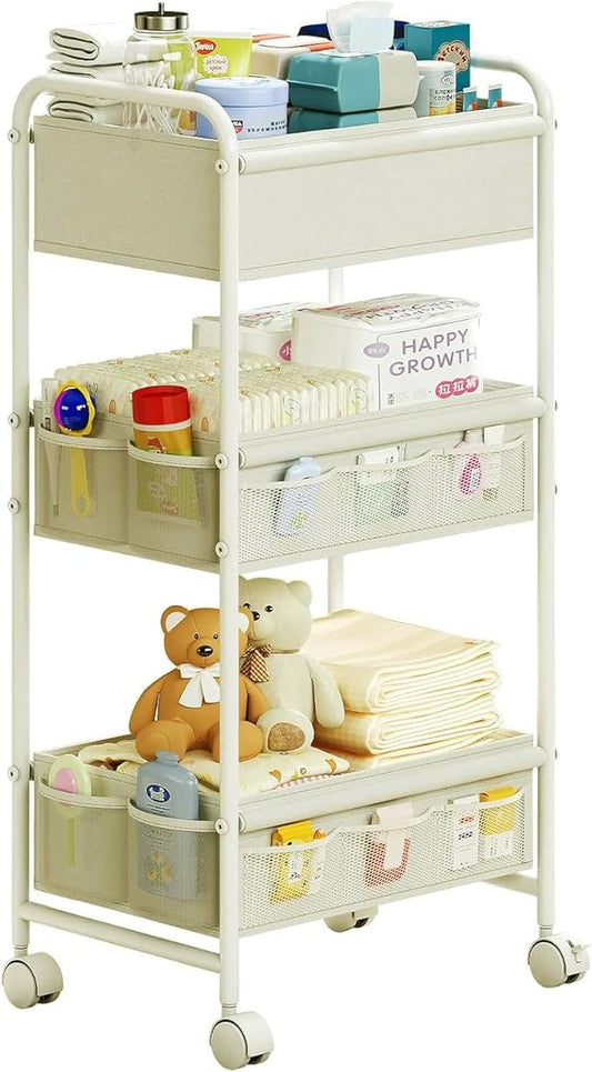 3-Tier Baby Diaper Caddy Cart Organizer,Mobile Nursery Storage Cart with Wheels,With 2 Dividers&14 Mesh Pockets Durable Metal Utility Cart for Nursery, Bedroom, Bathroom, Baby Essentials Organization