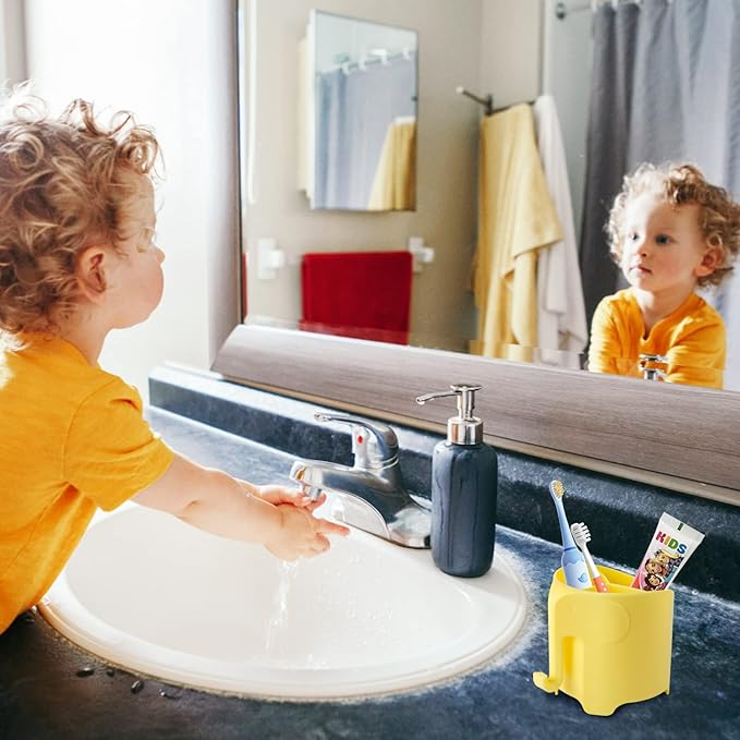 RyanLemon Elephant Toothbrush Holder for Kids, Suction Cup Electric Toothbrush and Toothpaste Holder for Toddler, Cute Toddler Toothbrush Holder with 3 Slots and a Hook for Hanging Bath Ball, Yellow