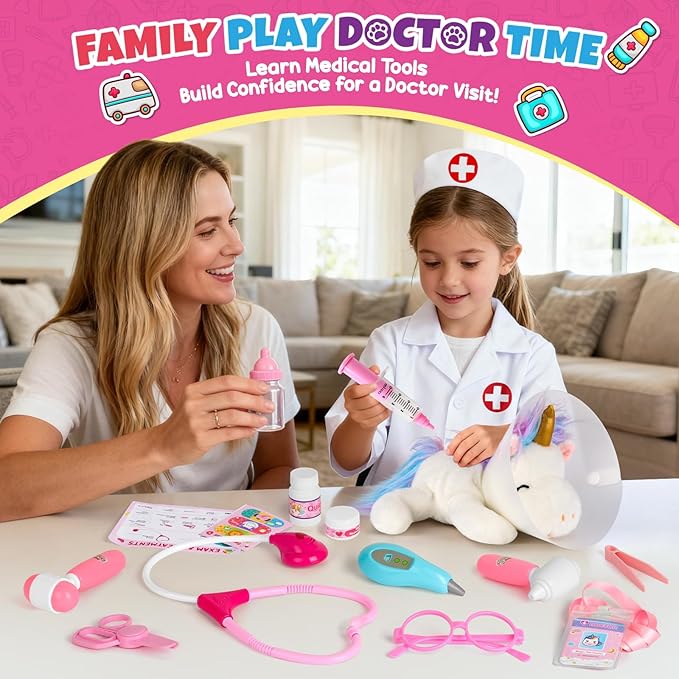 Alritz Unicorn Doctor Kit for Girls - Pretend Play Toys with Stethoscope, Carrying Bag, Vet Costume, Kids Doctors Play Set for Ages 3 4 5 +, Birthday Ideas