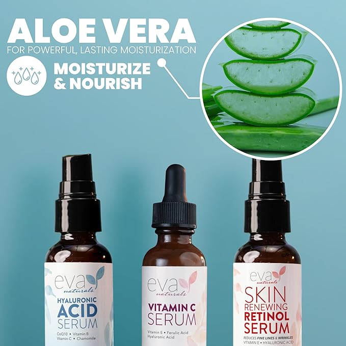Eva Naturals Anti-Aging Serum Set – Vitamin C, Retinol & Hyaluronic Acid Serums for Face, Hydrating Bundle for Skin, Fine Lines, Wrinkles, Collagen, Firming, Plumping, Radiance & Youthful Hydration
