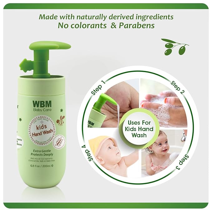 WBM Care Baby Natural Liquid Hand Soap 6.8 oz (Pack of 3) | Gentle Hand Wash with Honey, Wheatgerm & Organic Olive Oil | Moisturizing, Non-Toxic, Safe for Sensitive Skin