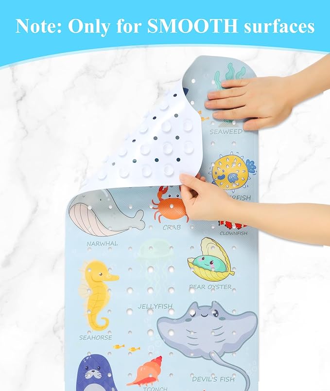 Bath Mat for Tub Non Slip, Machine Washable Anti-Slip Cartoon Baby Bathtub Shower Mat with Drain Holes and Suction Cups for Toddler & Kids, 40 Inch x 16 Inch, Blue Sea Animals