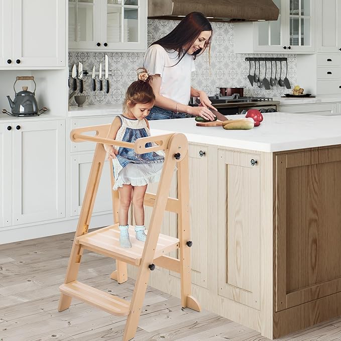 Foldable Toddler Tower - Kitchen Step Stool Helper for Kids 1-6 Years, Montessori Toddler Standing Tower with 3 Adjustable Height for Kitchen Counter Bathroom