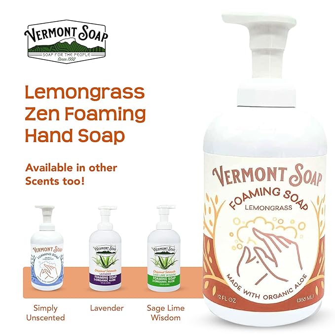VERMONT SOAP Organic Lemongrass Zen Foaming Hand Soap - Natural Moisturizing Soap for Dry Skin - Fragrance Free Liquid Bathroom Hand Soap Dispenser - Lemongrass Zen - 12 oz