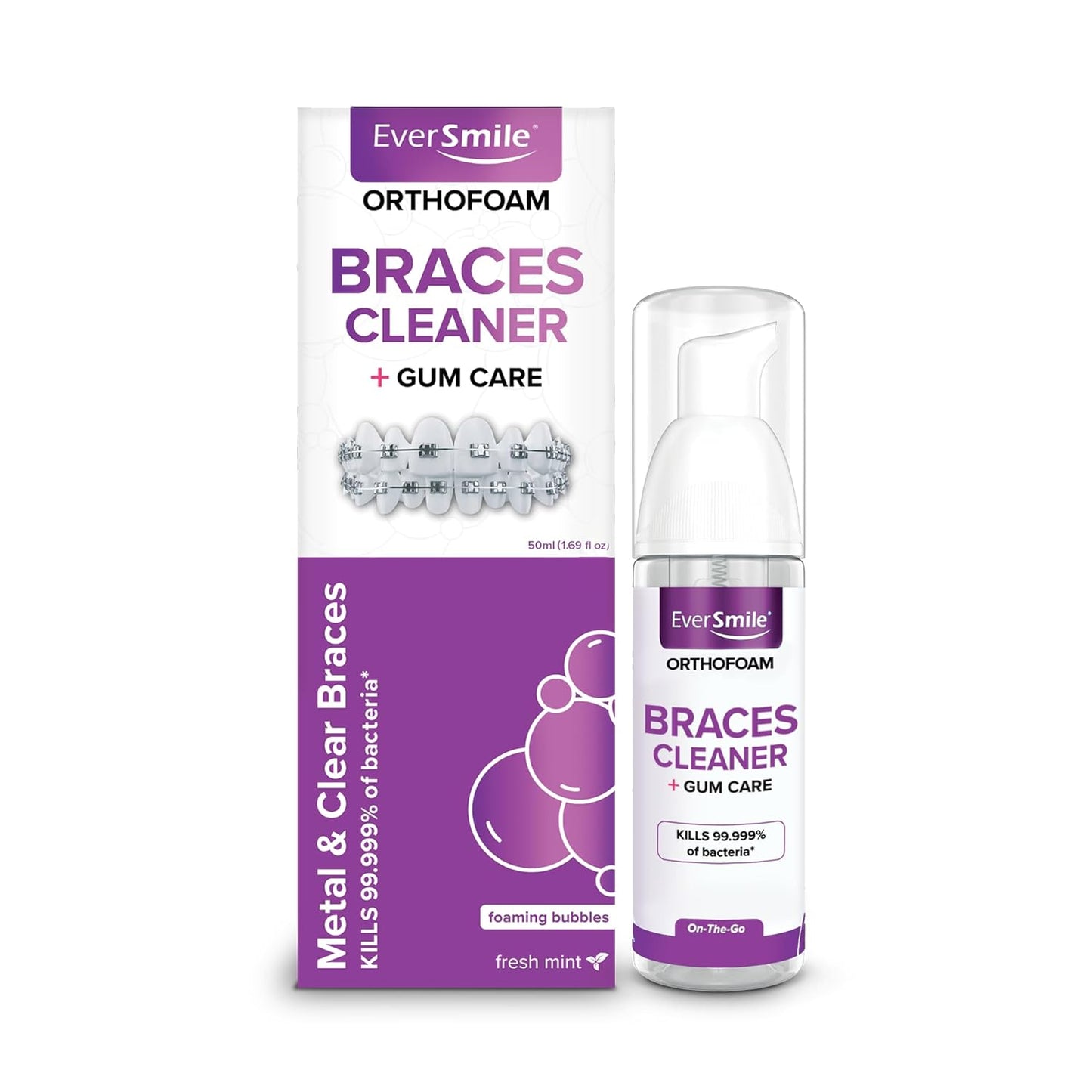 EverSmile OrthoFoam Braces Cleaner — Brushable Foam Whitens Teeth, Eliminates Bacteria, Fights Plaque and Bad Breath – Cleans Under Metal, Ceramic, Clear Brackets and Wires – 50ml