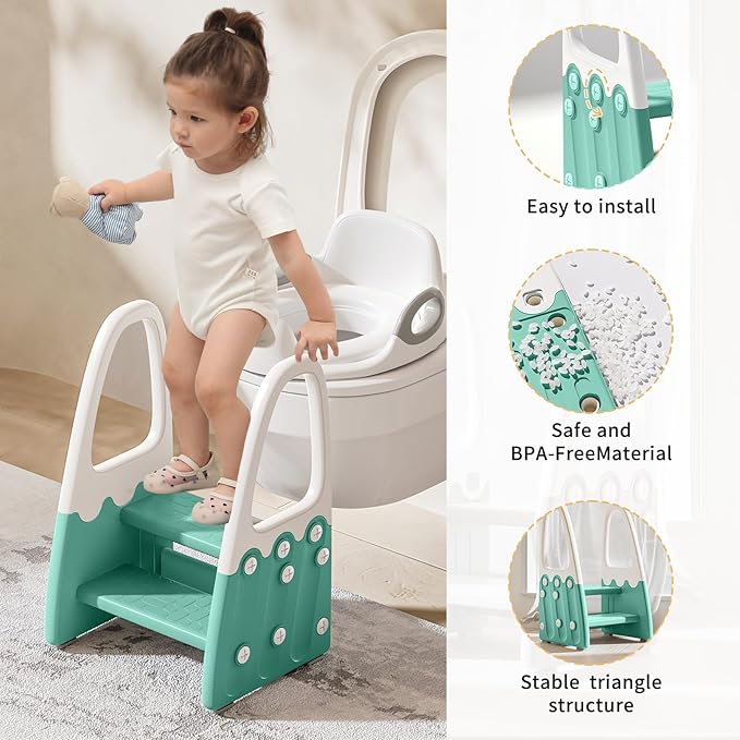 Two Step Stool with Handrails for Toddler and Kids, Standing Learning Stool Tower for Bathroom Sink, Potty Training, Children Step Up Learning Helper with Handles (Green-White)