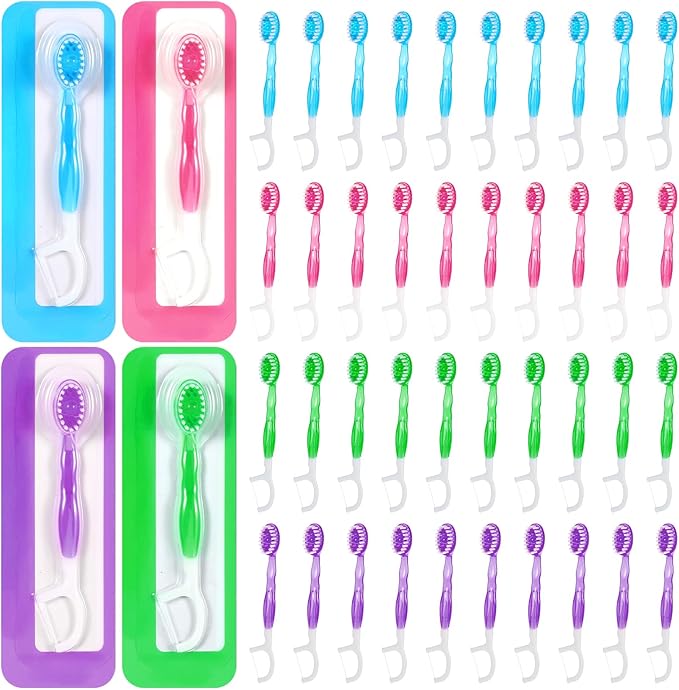 40 Pack Disposable Mini Travel Toothbrushes Bulk 5-in-1 Portable Pre-Pasted Travel Toothbrush with Toothpaste Tongue Scraper Floss Pick, Individually Wrapped for Traveling for Adults Kids(4 colors)