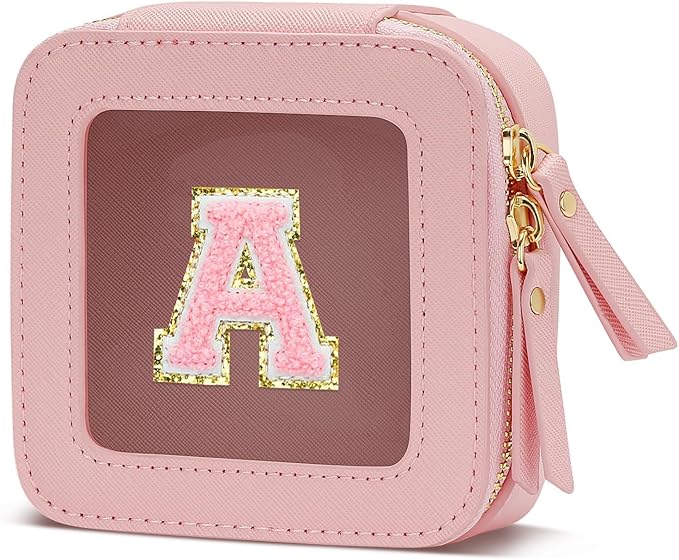 Christmas Gifts for Girls - Initial Clear Toiletry Bag, Small Cosmetic Bags for Girls with Zipper, Potable Mini Makeup Bag for Birthday, Graduation (Pink, A)