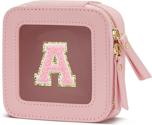 Christmas Gifts for Girls - Initial Clear Toiletry Bag, Small Cosmetic Bags for Girls with Zipper, Potable Mini Makeup Bag for Birthday, Graduation (Pink, A)