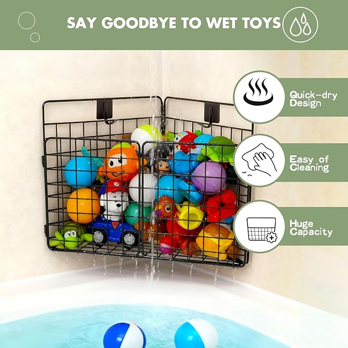 Large Corner Bath Toy Storage, Metal Bathtub Shower Toy Holder, Foldable bath Tub Toy Organizers Black, Bathroom Toy Storage with Drainage for Sorting Toys/Clothes/Toiletries