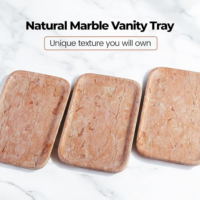 Marble Vanity Tray, Bathroom Tray for Countertop, Decoration Dresser Organizer, Perfume, Jewelry Holder, Red Stone Serving for Kitchen Sink Storage(Spring Rose)
