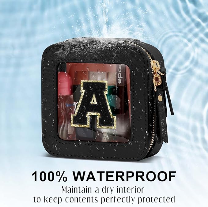 Initial Travel Toiletry Bag - Cosmetic Bags for Girls with Zipper, Clear & Potable Girls Makeup Bag for Travel, Small Cosmetic Pouch Perfect Gifts for Graduation (Black, A)